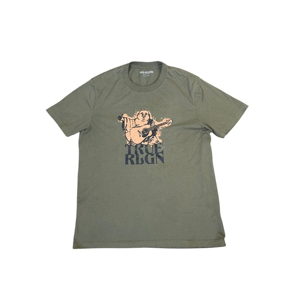 True Religion Mens Olive Green Buddha Guitar Graphic T-Shirt Medium Short Sleeve
